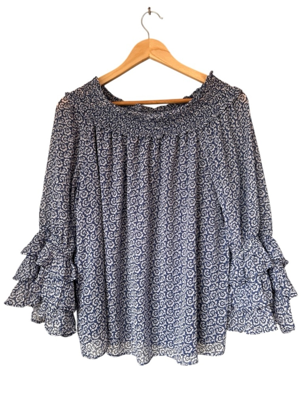 CeCe Printed Smocked-Neck Ruffle-Sleeve Off-Shoulder Tunic, Blue and White, XL